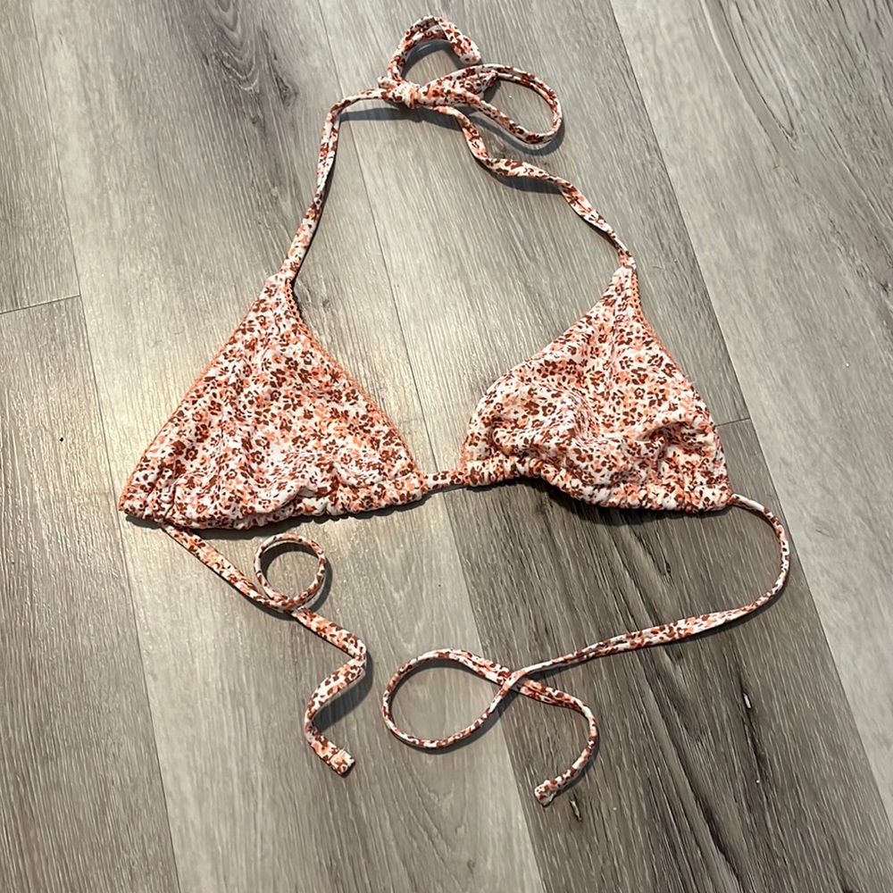 light pink, white, and brown swim suit top triangle tie top
